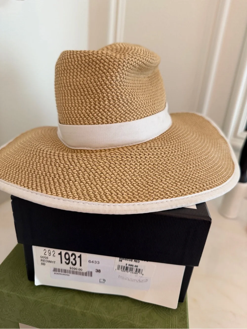 Eric Javits Tan Straw Sun Hat with White Trim - Picture 2 of 3
